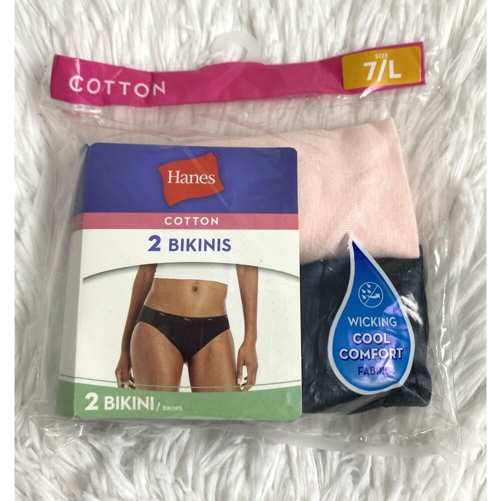 2 Hanes 100% Cotton Bikini Size L Pink Black Underwear Cool Comfort Panties